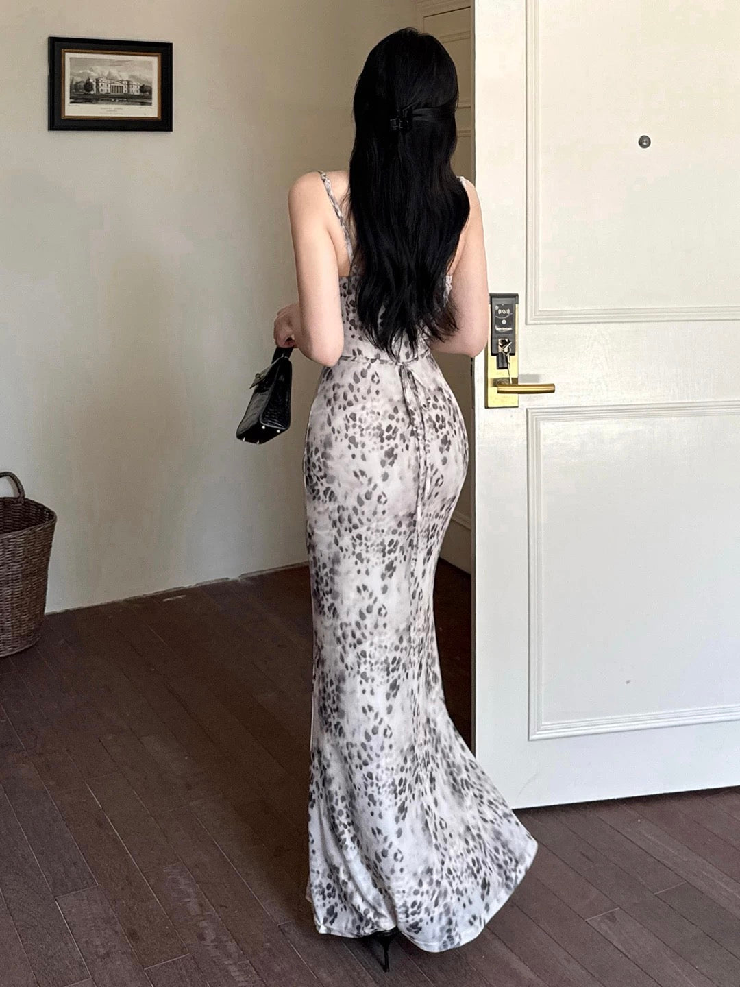 Modest Mermaid Spaghetti Strap Leopard print Date Floor Length Night Evening Outfit Formal Prom Dresses RB5471