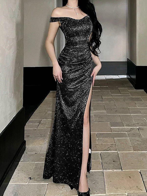 Simple Mermaid Off The Shoulder Black Sequined With Ruffle Date Long Night Birthday Outfit Formal Prom Dresses RB5472
