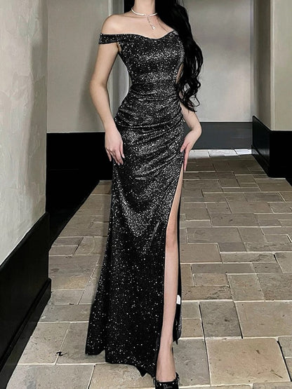 Simple Mermaid Off The Shoulder Black Sequined With Ruffle Date Long Night Birthday Outfit Formal Prom Dresses RB5472