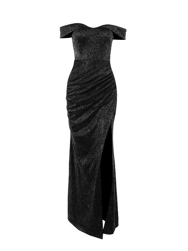 Simple Mermaid Off The Shoulder Black Sequined With Ruffle Date Long Night Birthday Outfit Formal Prom Dresses RB5472