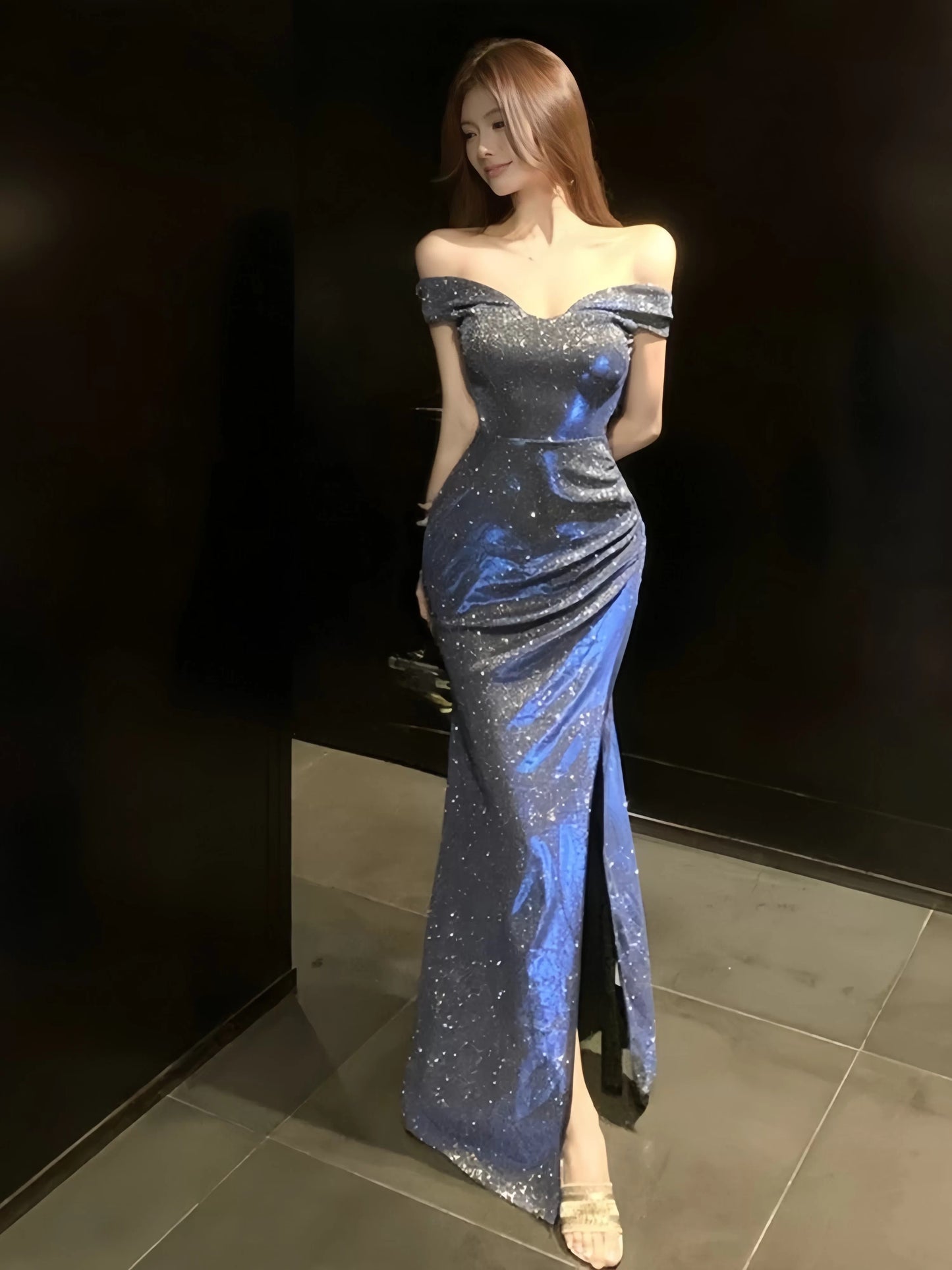 Simple Mermaid Off The Shoulder Black Sequined With Ruffle Date Long Night Birthday Outfit Formal Prom Dresses RB5472