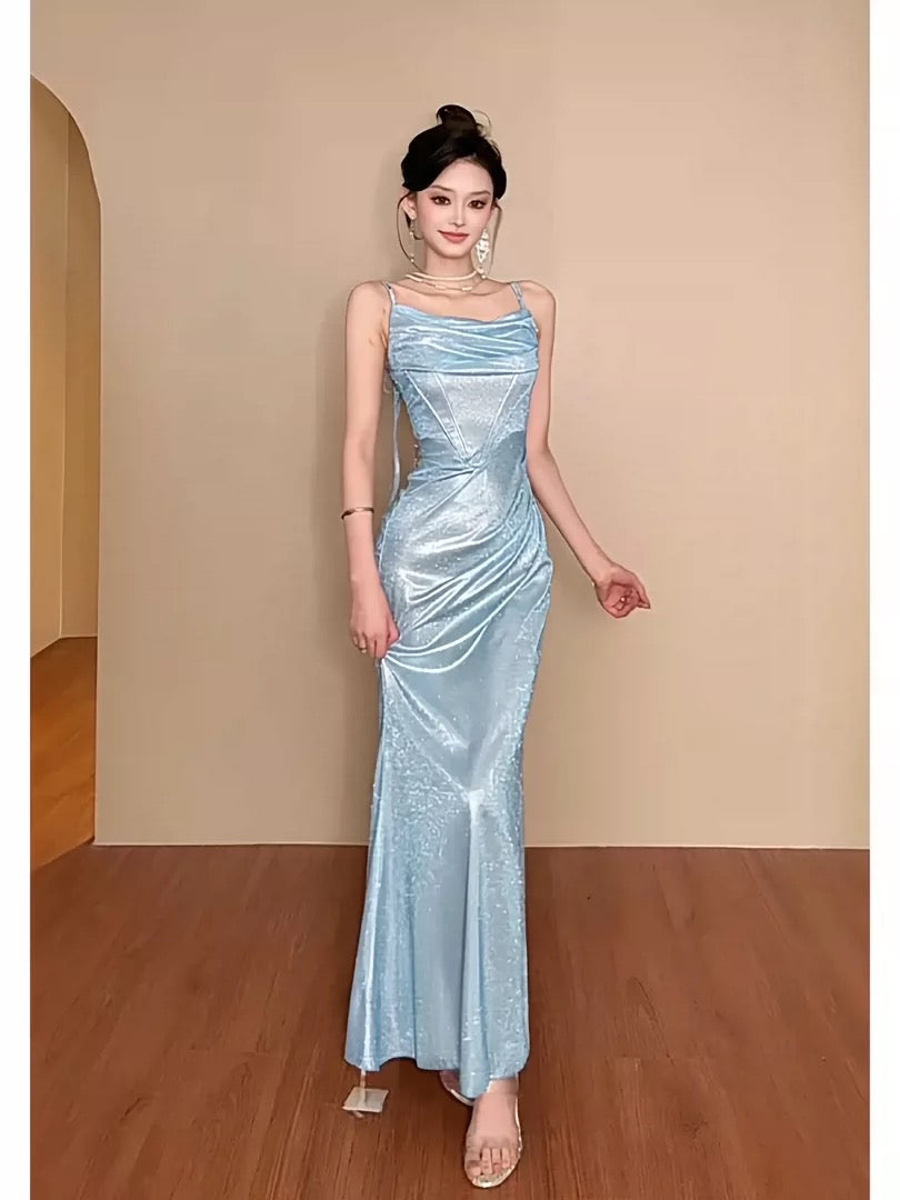 Modest Mermaid Spaghetti Strap Blue Sequin Date Floor Length Night Evening Outfits Formal Prom Dresses RB5473