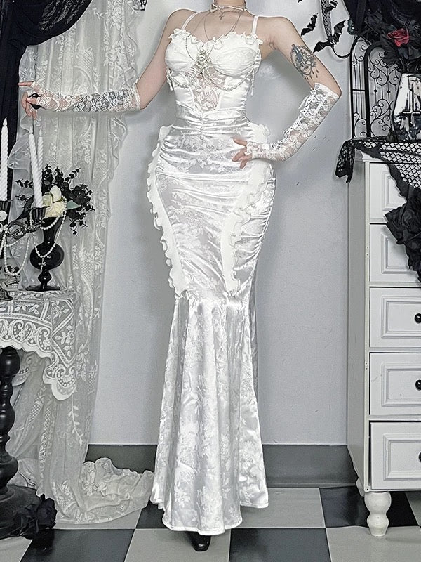 Modest Mermaid Spaghetti Strap White Satin Date Floor Length Night Evening Outfits Formal Prom Dresses RB5475