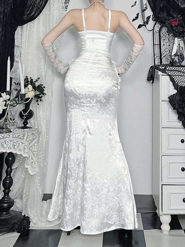 Modest Mermaid Spaghetti Strap White Satin Date Floor Length Night Evening Outfits Formal Prom Dresses RB5475