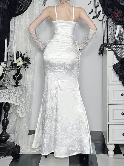 Modest Mermaid Spaghetti Strap White Satin Date Floor Length Night Evening Outfits Formal Prom Dresses RB5475