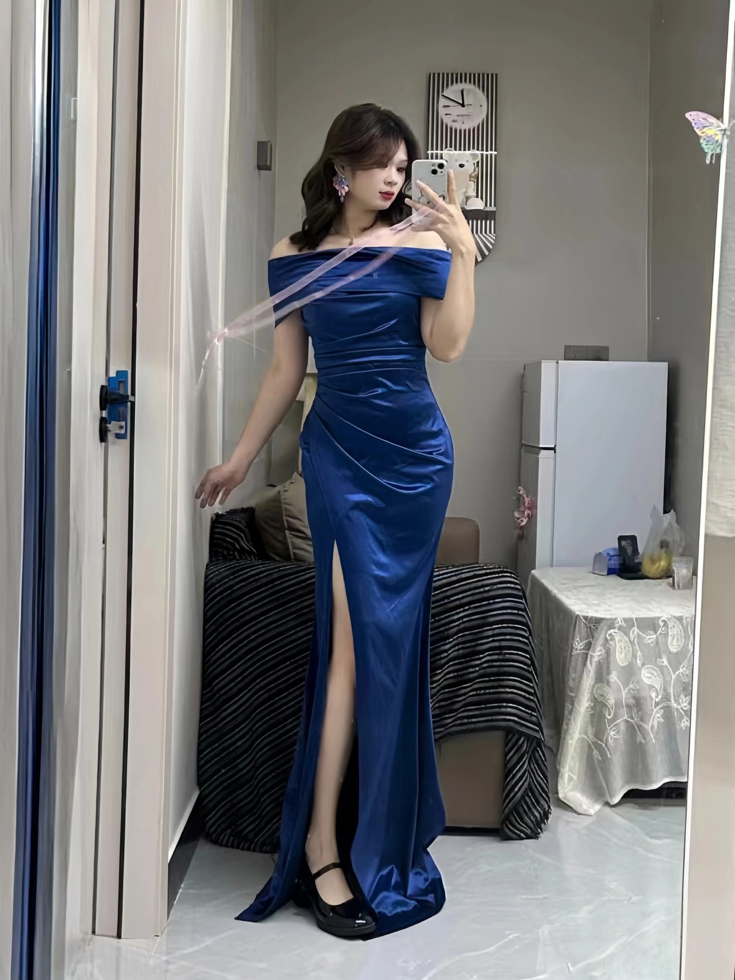 Simple Mermaid Off The Shoulder Navy Blue Satin With Ruffle Date Floor Length Night Birthday Outfit Formal Prom Dresses RB5480