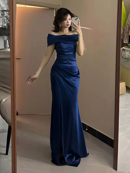 Simple Mermaid Off The Shoulder Navy Blue Satin With Ruffle Date Floor Length Night Birthday Outfit Formal Prom Dresses RB5480
