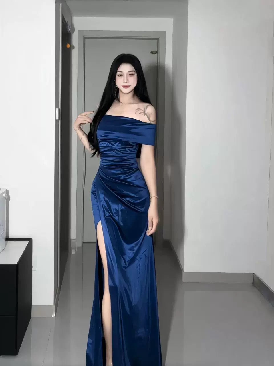 Simple Mermaid Off The Shoulder Navy Blue Satin With Ruffle Date Floor Length Night Birthday Outfit Formal Prom Dresses RB5480