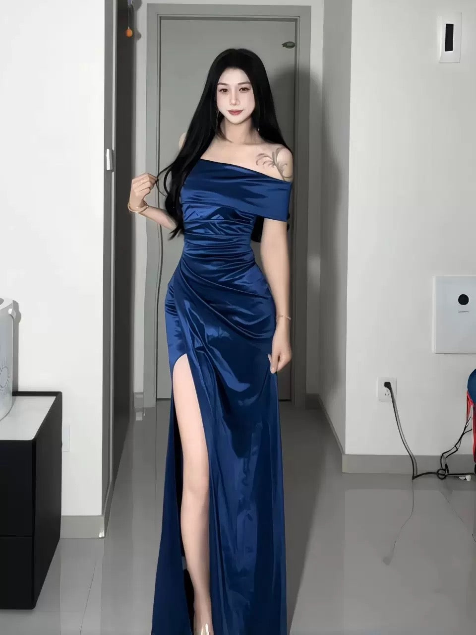 Simple Mermaid Off The Shoulder Navy Blue Satin With Ruffle Date Floor Length Night Birthday Outfit Formal Prom Dresses RB5480