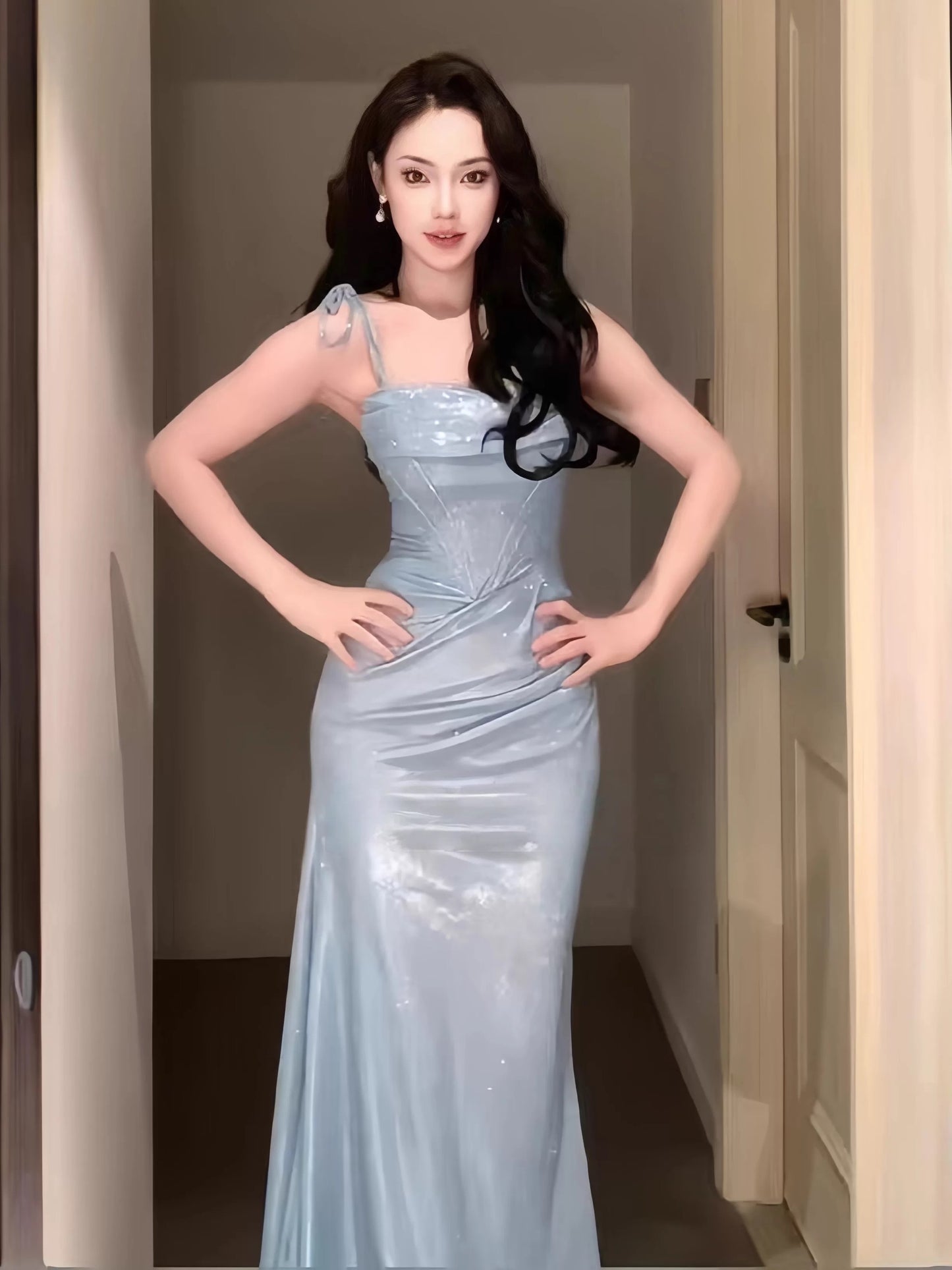Modest Mermaid Spaghetti Strap Light Sky Blue Sequin Date Floor Length Night Evening Outfits Formal Prom Dresses RB5476