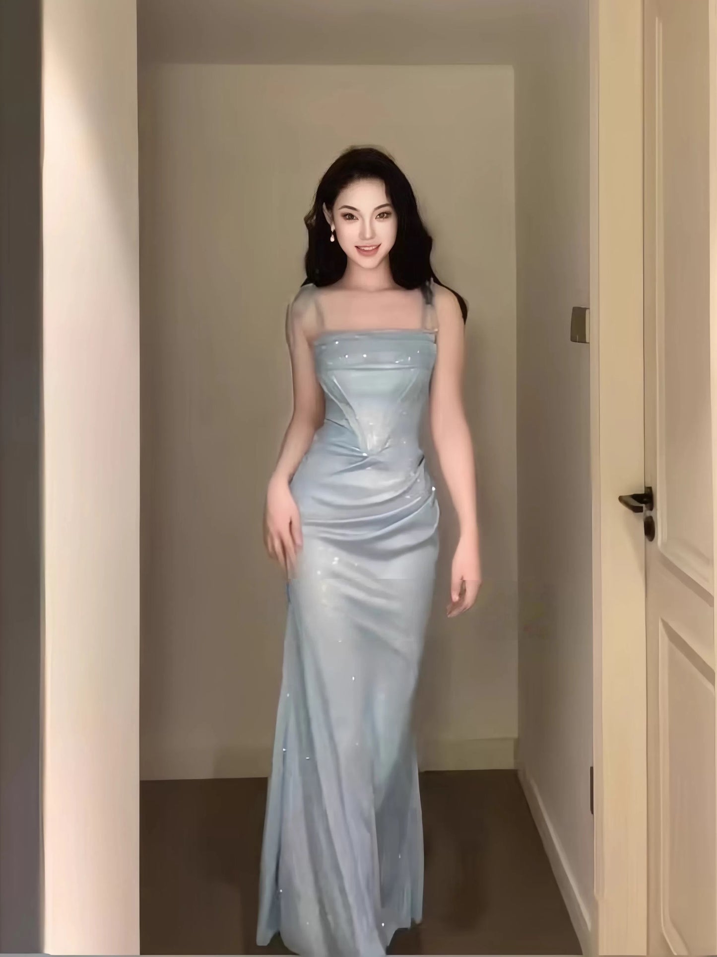 Modest Mermaid Spaghetti Strap Light Sky Blue Sequin Date Floor Length Night Evening Outfits Formal Prom Dresses RB5476