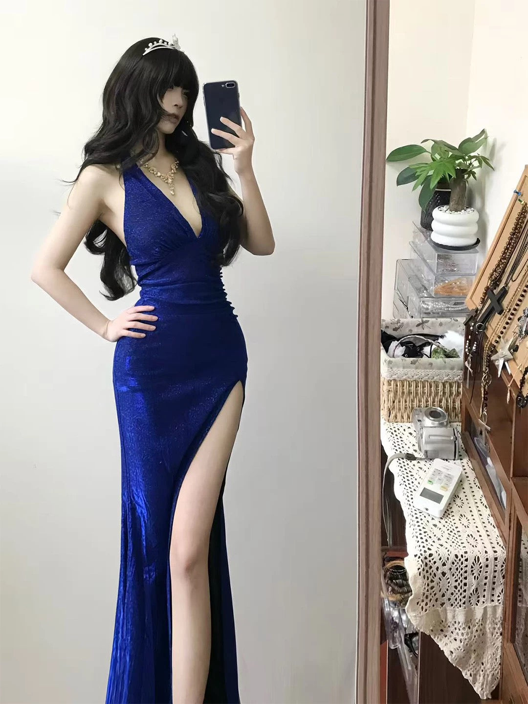 Modest Mermaid Halter Royal Blue Sequin Date With High Split Floor Length Night Evening Outfits Formal Prom Dresses RB5477