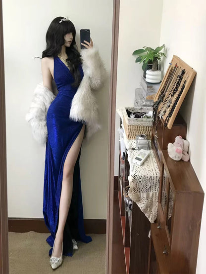 Modest Mermaid Halter Royal Blue Sequin Date With High Split Floor Length Night Evening Outfits Formal Prom Dresses RB5477
