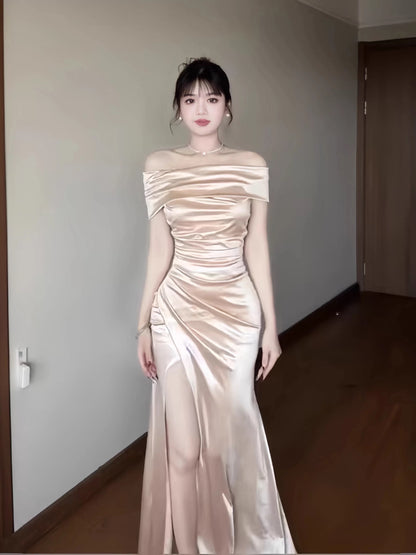 Simple Mermaid Off The Shoulder Navy Blue Satin With Ruffle Date Floor Length Night Birthday Outfit Formal Prom Dresses RB5480