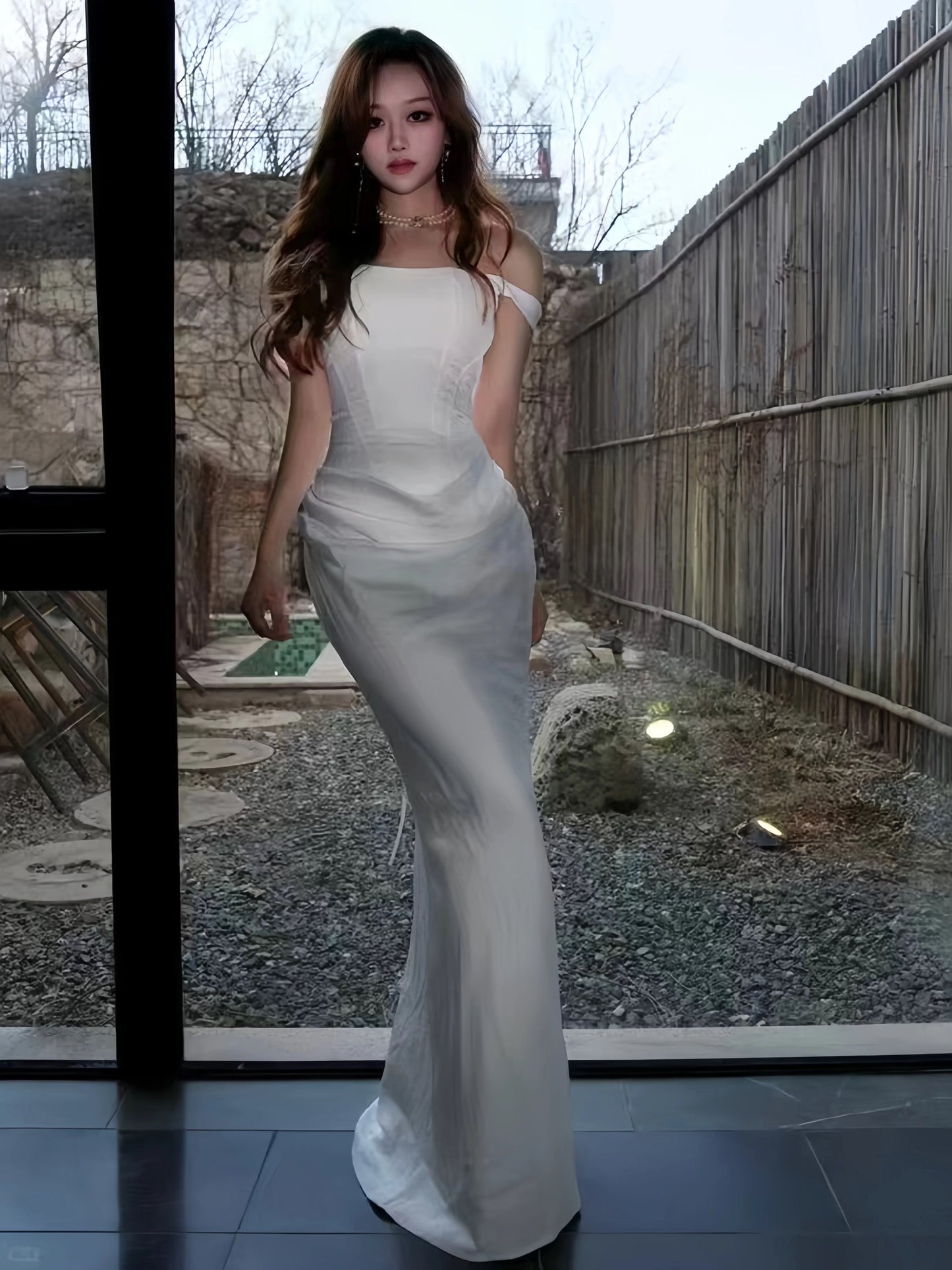 Modest Mermaid Off The Shoulder White Date Floor Length Night Evening Outfits Formal Prom Dresses RB5481