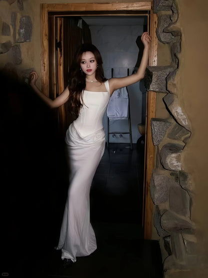 Modest Mermaid Off The Shoulder White Date Floor Length Night Evening Outfits Formal Prom Dresses RB5481