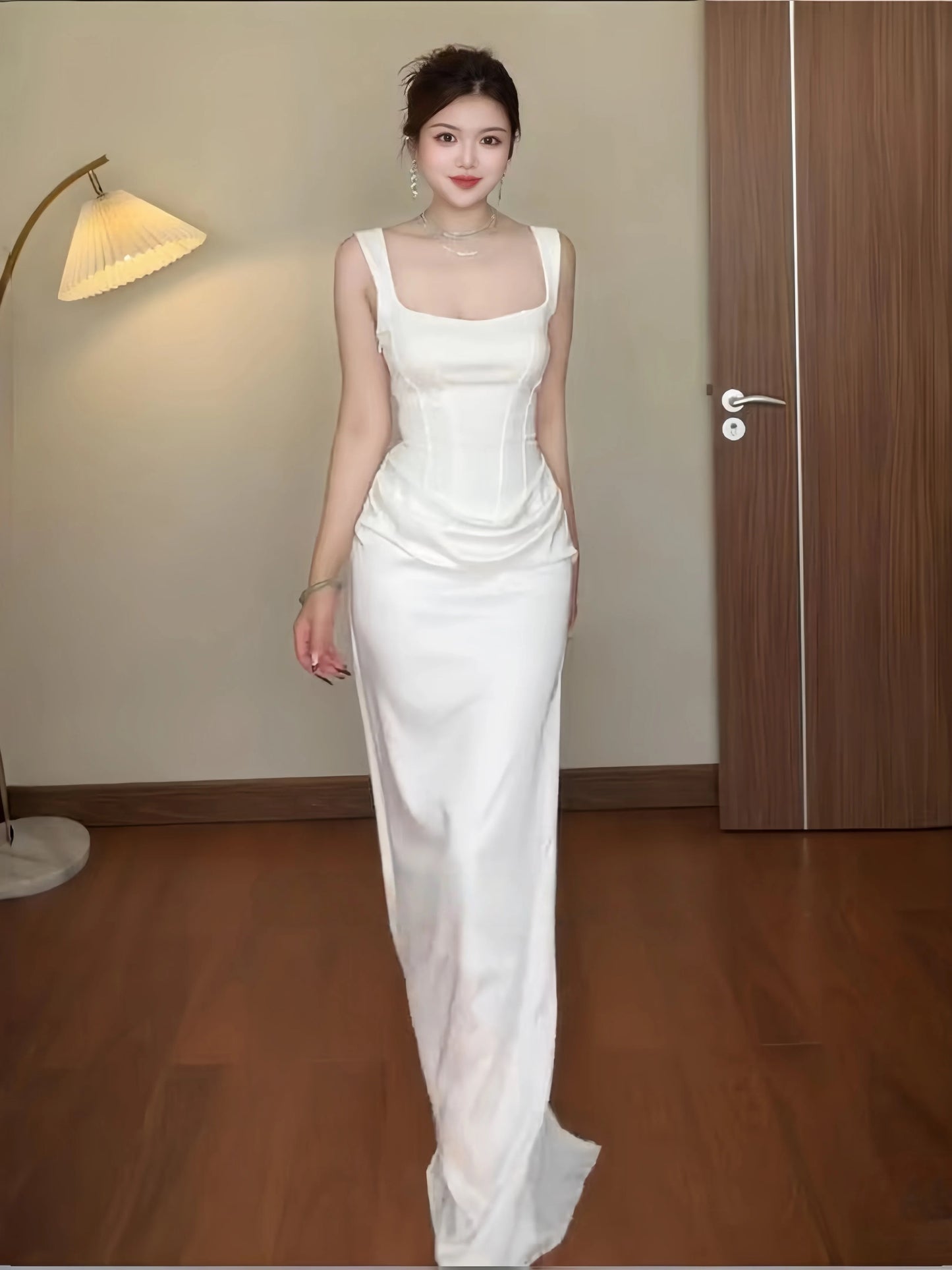Simple Mermaid Square Neck White Satin With Ruffle Date Floor Length Night Birthday Outfit Formal Prom Dresses RB5478