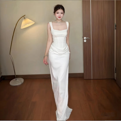 Simple Mermaid Square Neck White Satin With Ruffle Date Floor Length Night Birthday Outfit Formal Prom Dresses RB5478