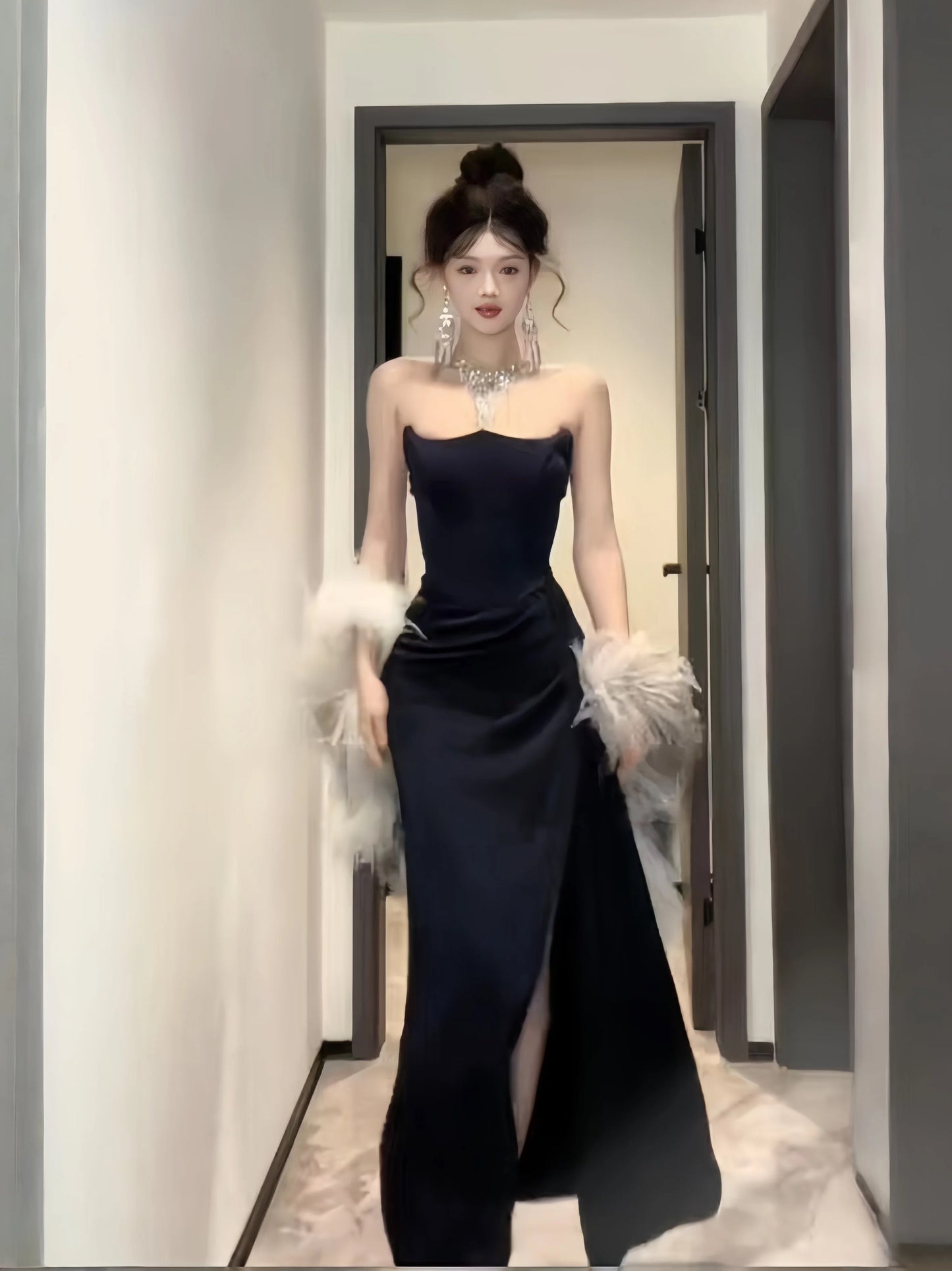 Modest Mermaid Strapless Black Tie Dress Date With High Split Floor Length Night Evening Outfits Formal Prom Dresses RB5479