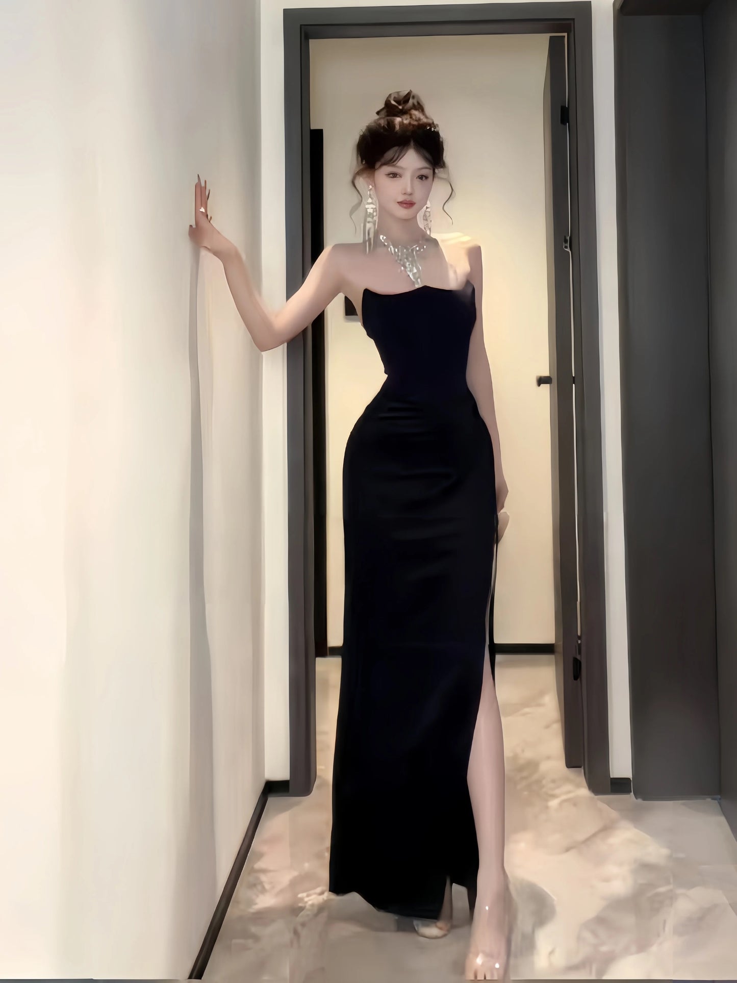 Modest Mermaid Strapless Black Tie Dress Date With High Split Floor Length Night Evening Outfits Formal Prom Dresses RB5479