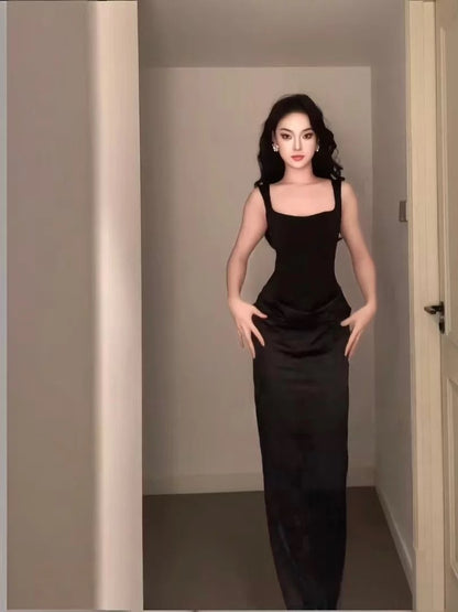 Simple Mermaid Square Neck Black Satin With Ruffle Date Floor Length Night Birthday Outfit Formal Prom Dresses RB5483