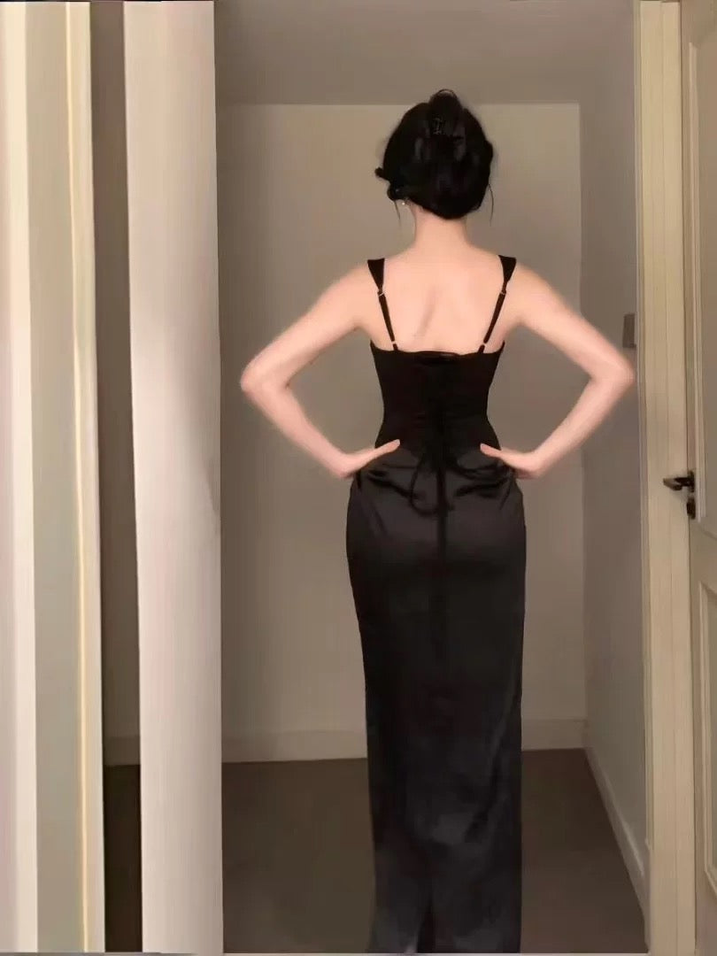 Simple Mermaid Square Neck Black Satin With Ruffle Date Floor Length Night Birthday Outfit Formal Prom Dresses RB5483