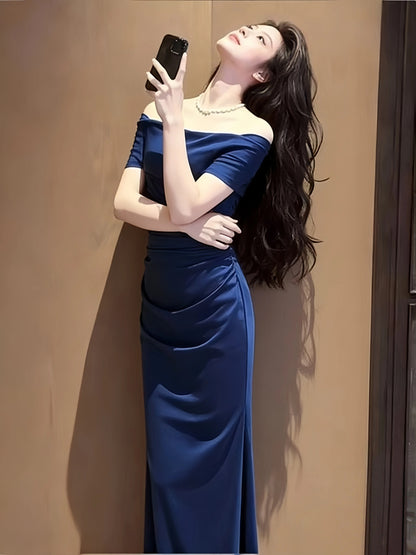 Modest Mermaid Off The Shoulder Royal Blue Satin Date Floor Length Night Evening Outfits Formal Prom Dresses RB5484