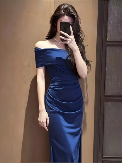 Modest Mermaid Off The Shoulder Royal Blue Satin Date Floor Length Night Evening Outfits Formal Prom Dresses RB5484
