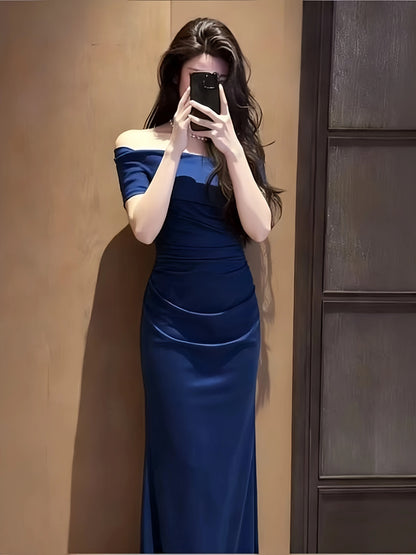 Modest Mermaid Off The Shoulder Royal Blue Satin Date Floor Length Night Evening Outfits Formal Prom Dresses RB5484