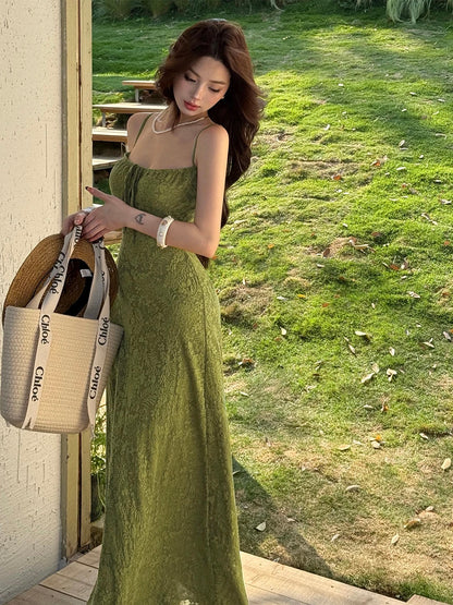 Simple A line Spaghetti Strap Green Lace Date Floor Length Night Evening Outfit Formal Prom Dresses RB5485