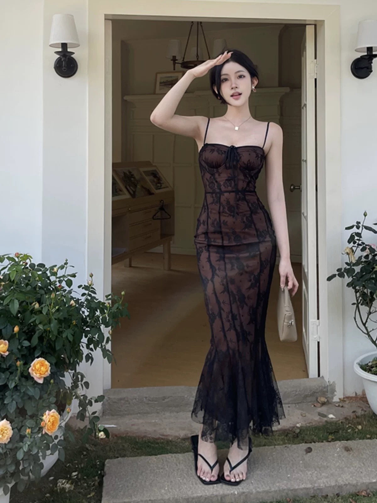 Modest Mermaid Spaghetti Strap Black With Lace Date Floor Length Night Evening Outfit Formal Prom Dresses RB5466