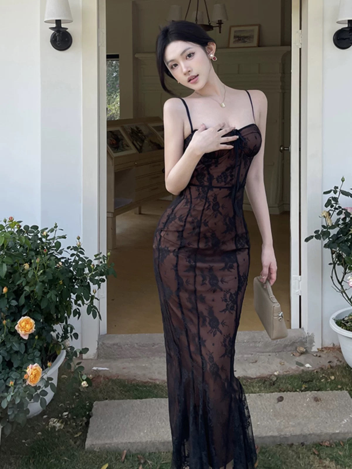 Modest Mermaid Spaghetti Strap Black With Lace Date Floor Length Night Evening Outfit Formal Prom Dresses RB5466