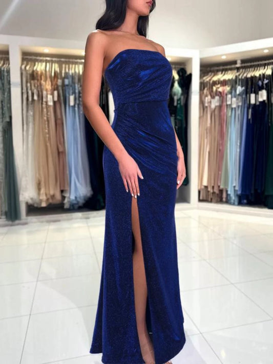 Simple Mermaid Strapless Royal Blue Sequin Slit Date Floor Length Night Evening Outfits Formal Prom Dresses RB5488