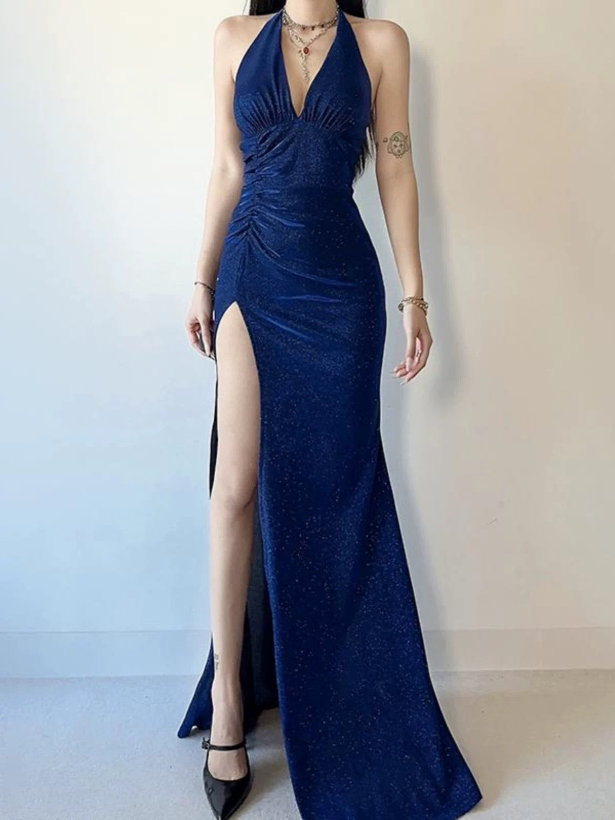 Sparkly Mermaid Halter Royal Blue Sequined With Slit Date Long Night Birthday Outfit Formal Prom Dresses RB5489