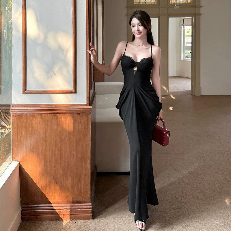 Simple Mermaid Spaghetti Strap Black Chiffon Long Date Night Outfits Semi Formal Prom Wedding Guest Dresses RB5491
