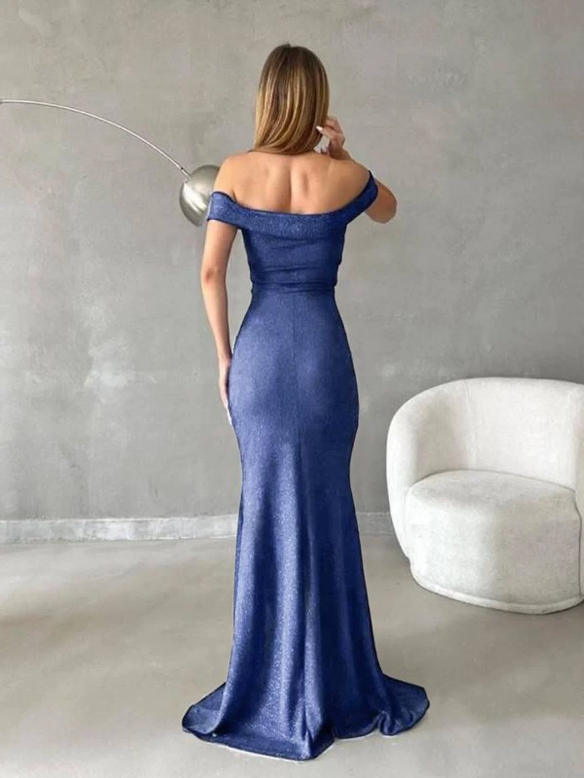Simple Mermaid Off The Shoulder Royal Blue Sequined Slit Long Date Night Outfits Semi Formal Wedding Guest Dresses RB5493
