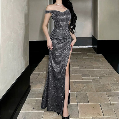 Glitter Mermaid Off The Shoulder Blue Sequined With Slit Long Date Night Outfits Semi Formal Wedding Guest Dresses RB5495