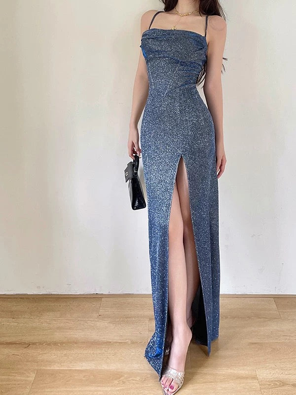Modest Mermaid Spaghetti Strap Sequin Navy Blue Beach Holiday Outfits Long Date Night 19th Birthday Outfit Formal Dresses RB5736