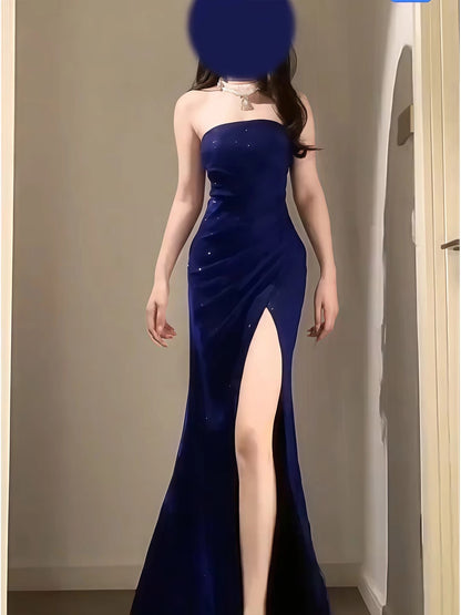 Sparkly Mermaid Strapless Royal Blue With Split Long Cruise Ship Formal Night Evening Dresses 19th Birthday Outfit RB5738