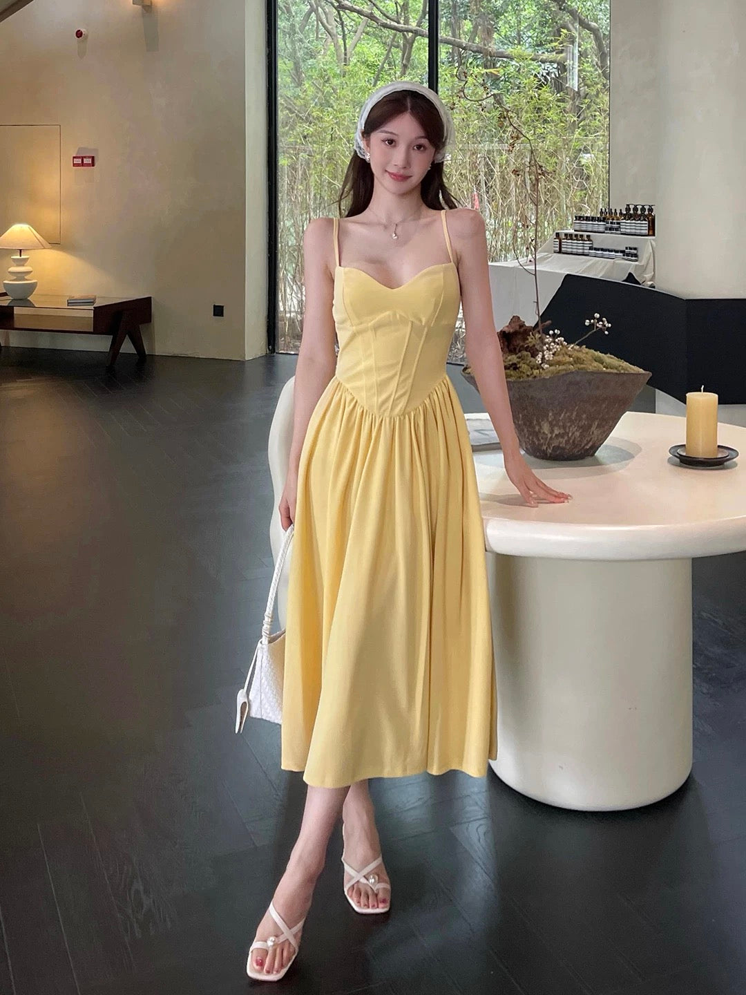 Modest A line Spaghetti Strap Yellow Midi Length Beach Holiday Outfits Date Night 19th Birthday Outfit Formal Dresses RB5740