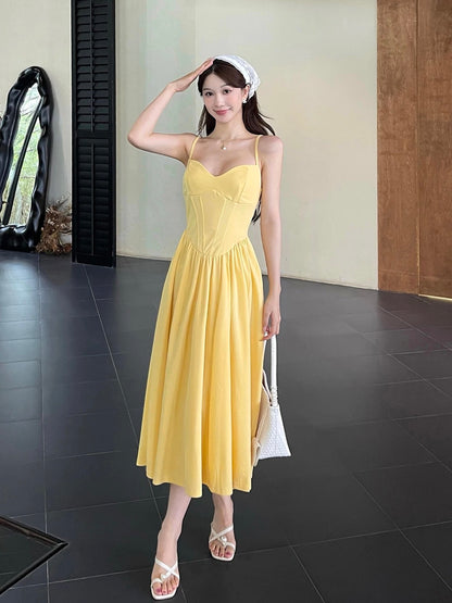Modest A line Spaghetti Strap Yellow Midi Length Beach Holiday Outfits Date Night 19th Birthday Outfit Formal Dresses RB5740