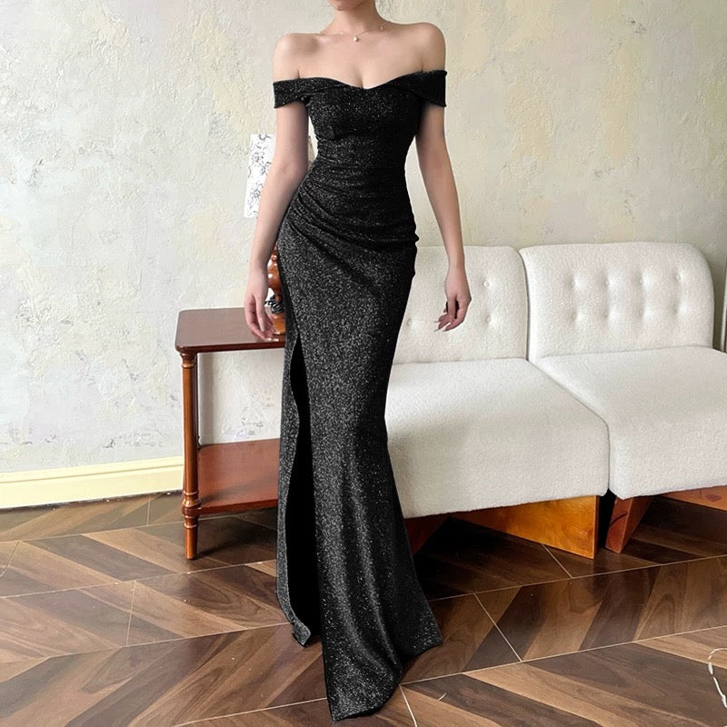 Sparkly Mermaid Off The Shoulder Navy Blue Long Slit Cruise Ship Formal Night Evening Dresses 19th Birthday Outfit RB5742
