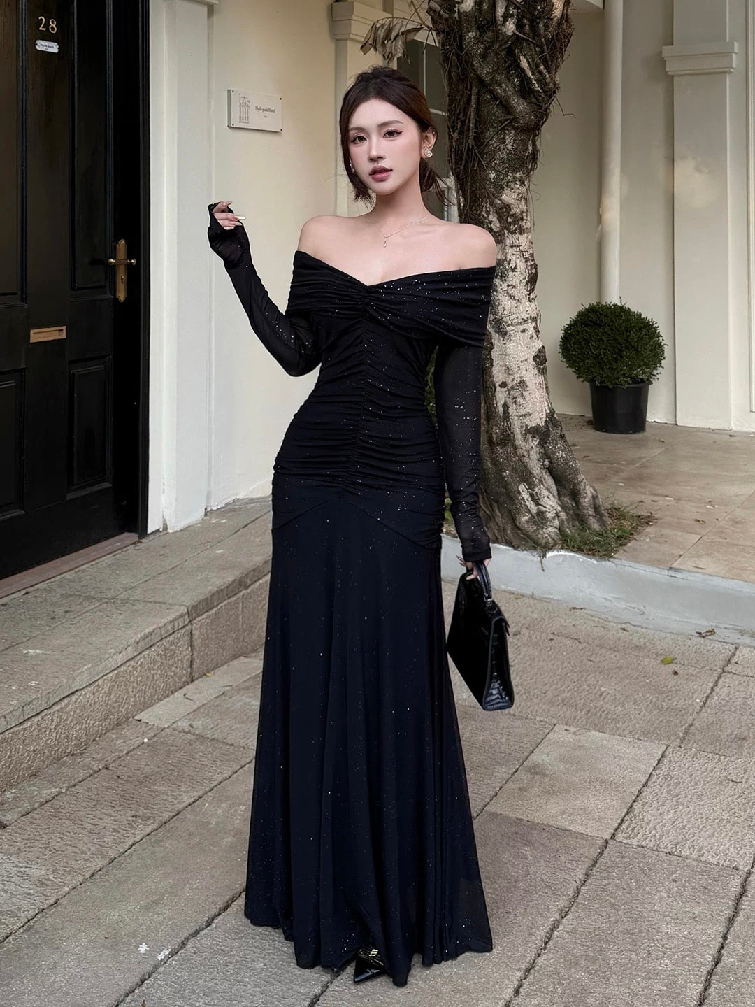 Sparkly Mermaid Off The Shoulder Black Sequin With Long Sleeves Cruise Ship Formal Night Party Dresses 19th Birthday Outfit RB5746