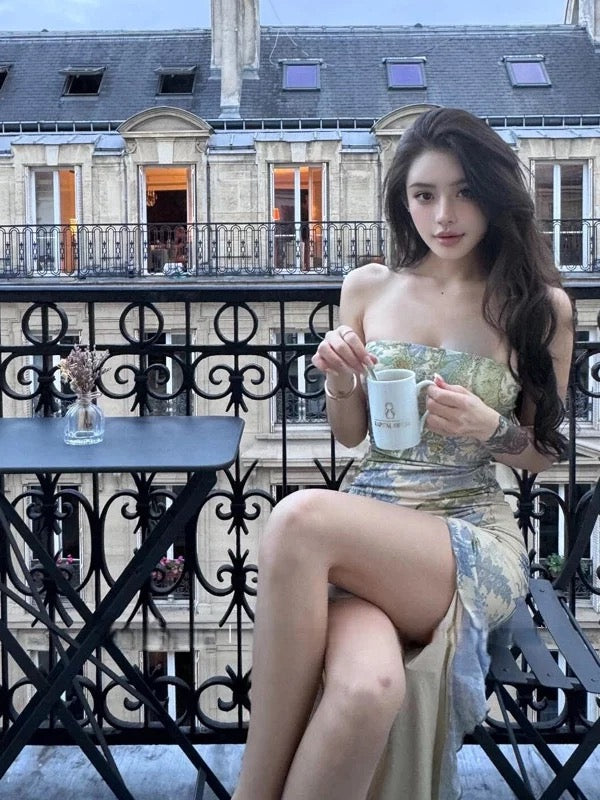 Sexy Mermaid Strapless Green Floral Slit Long Cruise Ship Formal Night Evening Dresses 19th Birthday Outfit RB5751
