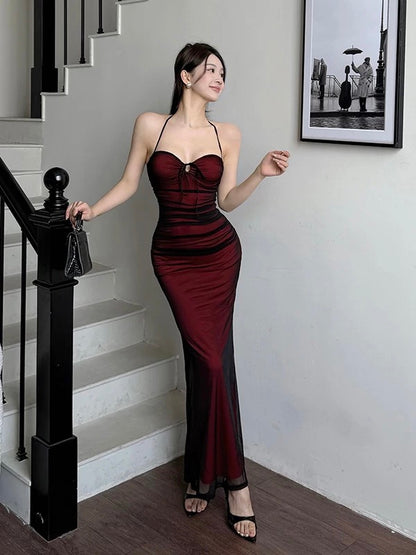 Modest Mermaid Halter Black Tulle Red Beach Holiday Outfits Date Night 19th Birthday Outfit Formal Dresses RB5747