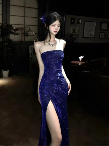 Sexy Mermaid Strapless Royal Blue Sequined Long Cruise Ship Formal Night Evening Dresses 19th Birthday Outfit RB5757