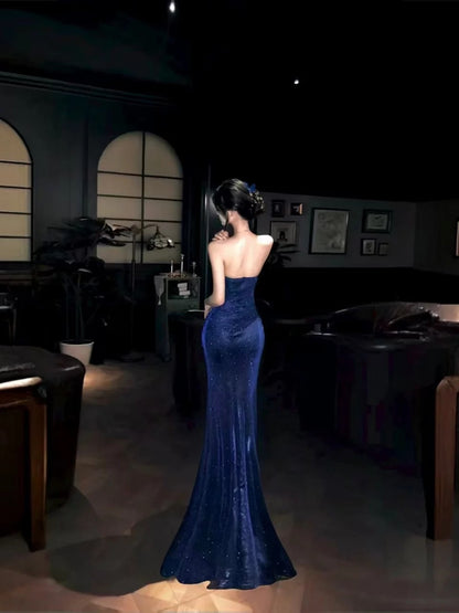Sexy Mermaid Strapless Royal Blue Sequined Long Cruise Ship Formal Night Evening Dresses 19th Birthday Outfit RB5757