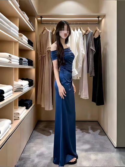 Classy Mermaid Off The Shoulder Navy Blue Satin With Split Cruise Ship Formal Night Party Dresses 19th Birthday Outfit RB5760