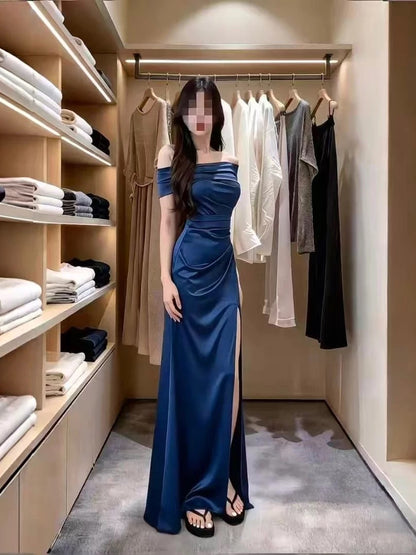 Classy Mermaid Off The Shoulder Navy Blue Satin With Split Cruise Ship Formal Night Party Dresses 19th Birthday Outfit RB5760