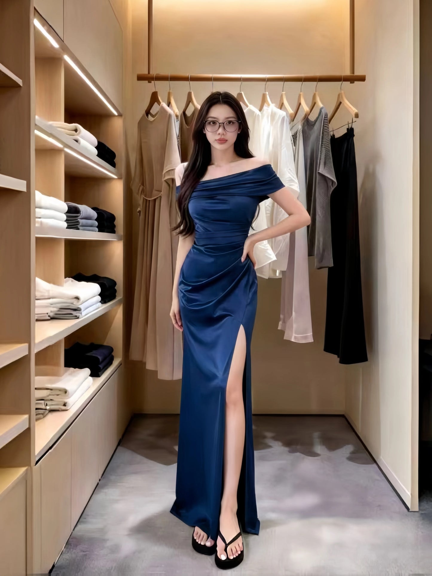 Classy Mermaid Off The Shoulder Navy Blue Satin With Split Cruise Ship Formal Night Party Dresses 19th Birthday Outfit RB5760